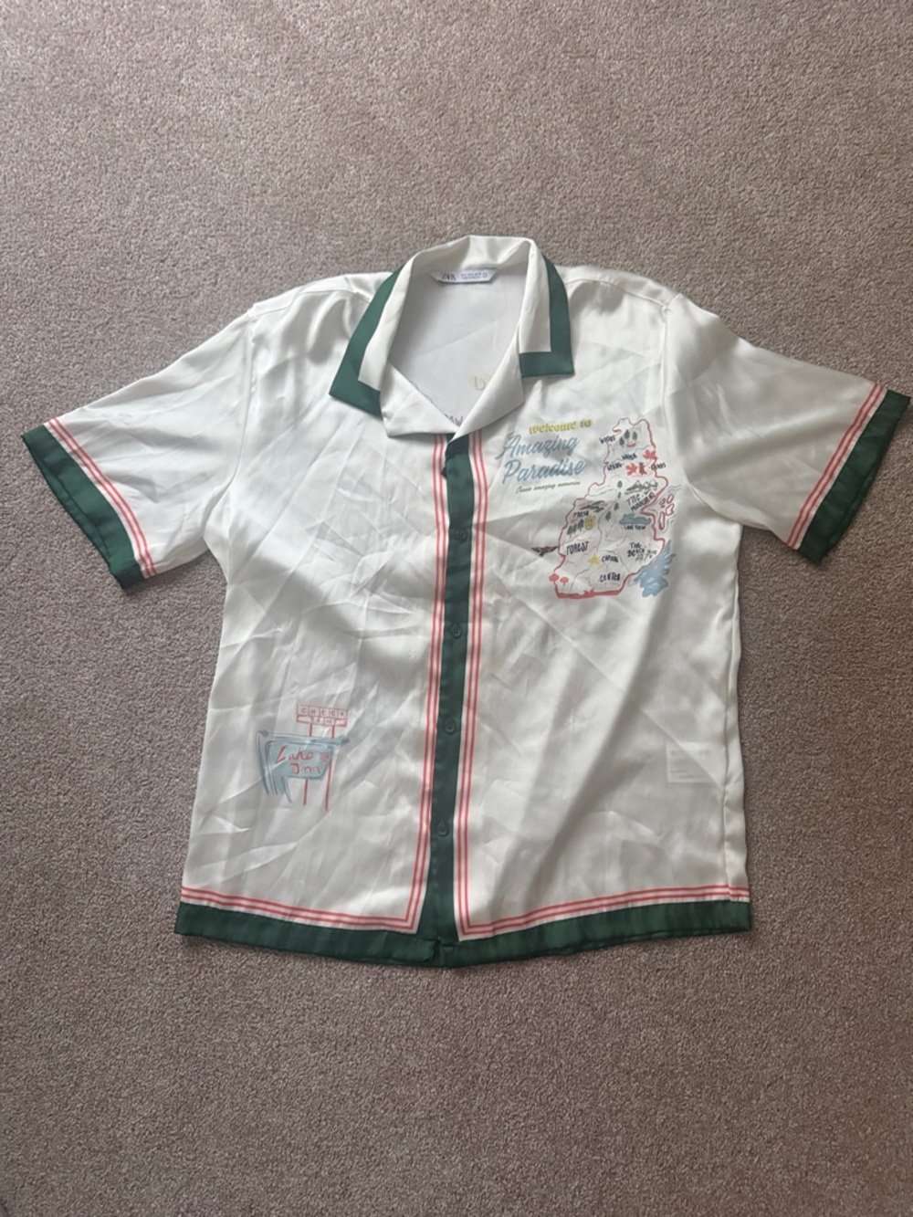 White Short-Sleeve Satin Button Up with Green Trim and Coral Accents